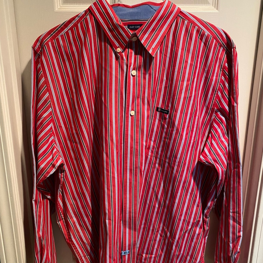 Chaps Long Sleeve Button Down Shirt Men's XL Red Striped  Easy Care